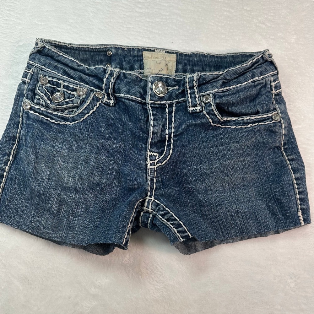 LA Idol USA Denim Shorts Womens Size 3 Blue Rhinestone Thick‎ Stitch Low Raw Hem